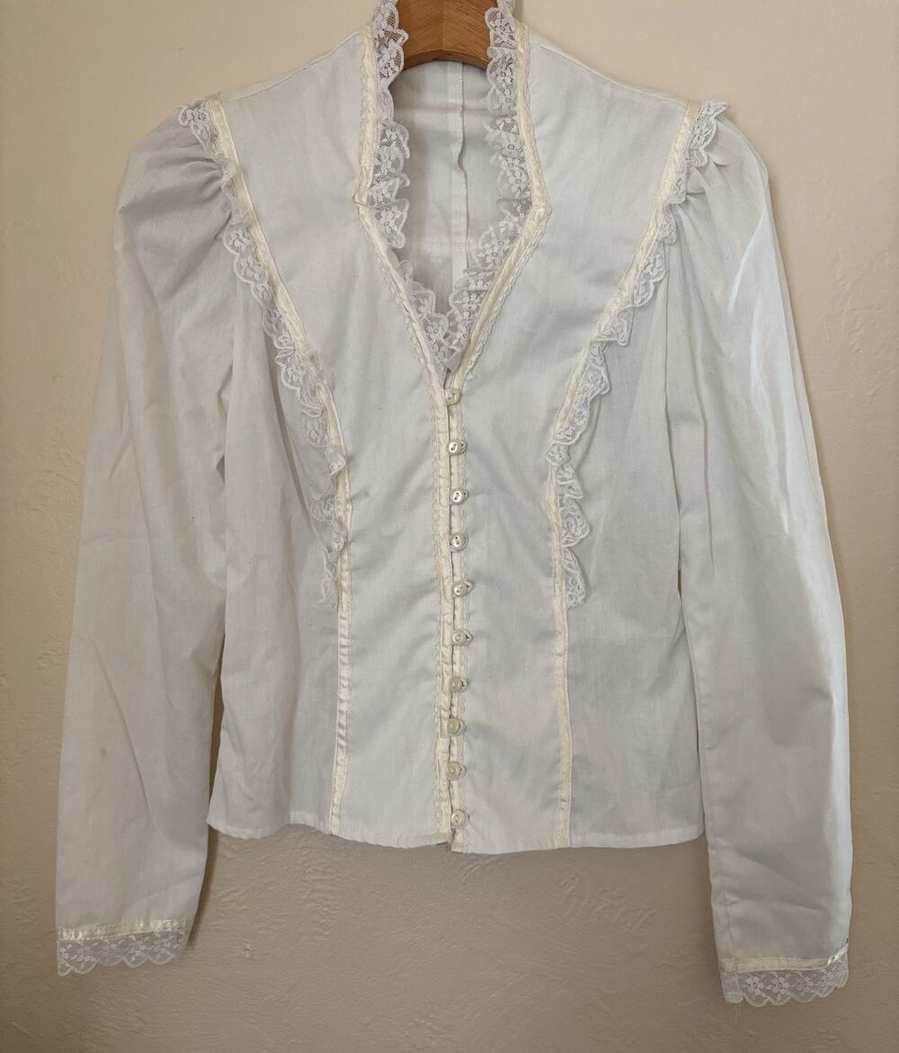 VTG Jessica's Gunnies San Francisco Gunne Sax White Lace Ruffle Blouse Top Small